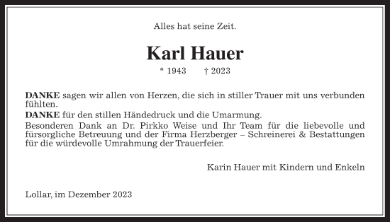 Traueranzeige von Karl Hauer von Giessener Allgemeine, Alsfelder Allgemeine