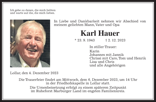 Traueranzeige von Karl Hauer von Giessener Allgemeine, Alsfelder Allgemeine