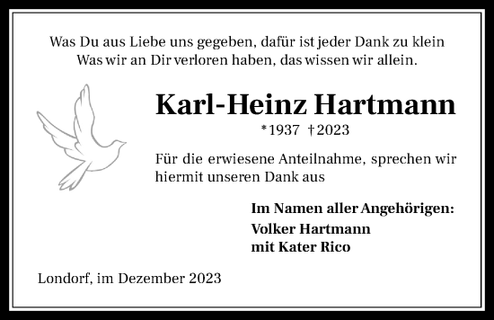 Traueranzeige von Karl-Heinz Hartmann von Giessener Allgemeine, Alsfelder Allgemeine