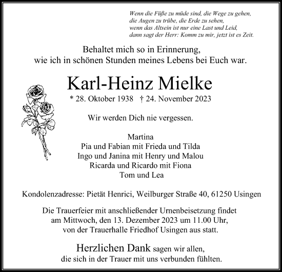 Traueranzeige von Karl-Heinz Mielke von Usinger Anzeiger