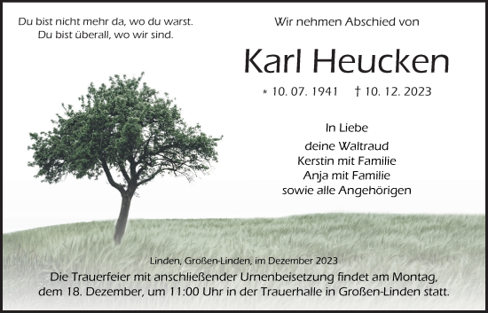 Traueranzeige von Karl Heucken von Giessener Allgemeine, Alsfelder Allgemeine