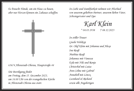 Traueranzeige von Karl Klein von Wetterauer Zeitung, Kreis-Anzeiger