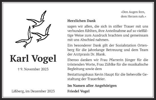 Traueranzeige von Karl Vogel von Kreis-Anzeiger