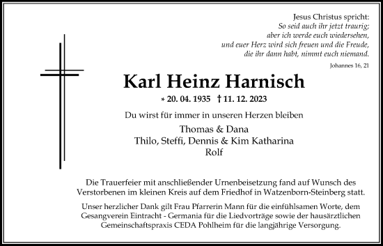 Traueranzeige von Karl Heinz Harnisch von Giessener Allgemeine, Alsfelder Allgemeine, Giessener Anzeiger