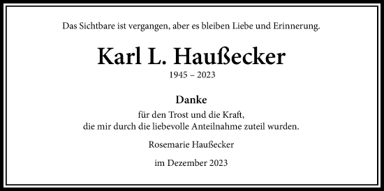 Traueranzeige von Karl L. Haußecker von Giessener Allgemeine, Alsfelder Allgemeine, Wetterauer Zeitung