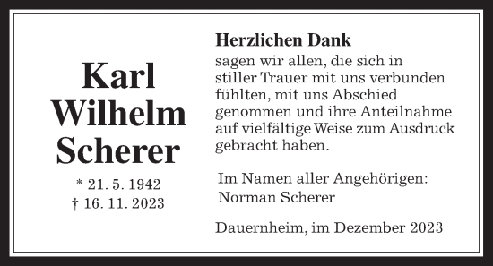 Traueranzeige von Karl Wilhelm Scherer von Kreis-Anzeiger