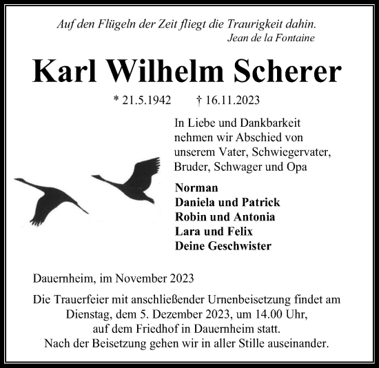 Traueranzeige von Karl Wilhelm Scherer von Wetterauer Zeitung, Kreis-Anzeiger