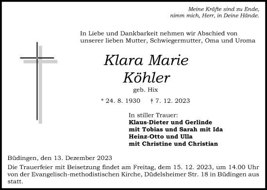 Traueranzeige von Klara Marie Köhler von Kreis-Anzeiger