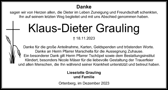 Traueranzeige von Klaus-Dieter Grauling von Kreis-Anzeiger