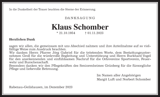 Traueranzeige von Klaus Schomber von Rabenauer Zeitung