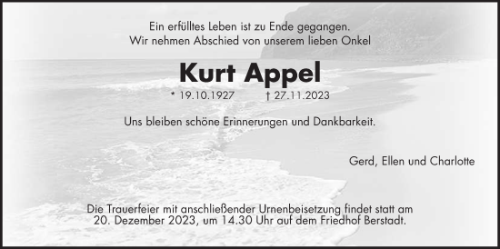Traueranzeige von Kurt Appel von Wetterauer Zeitung