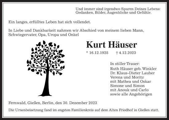 Traueranzeige von Kurt Häuser von Giessener Allgemeine, Alsfelder Allgemeine, Giessener Anzeiger