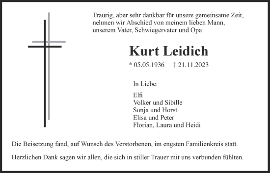 Traueranzeige von Kurt Leidich von Pohlheimer Nachrichten