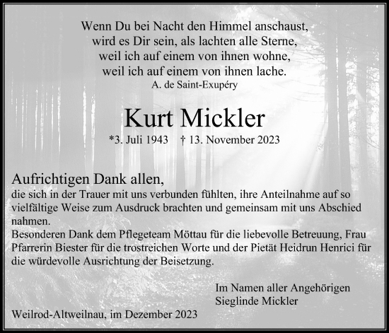 Traueranzeige von Kurt Mickler von Usinger Anzeiger