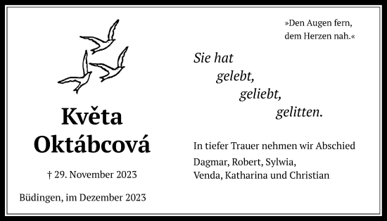 Traueranzeige von Kveta Oktábcová von Kreis-Anzeiger, 