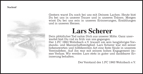 Traueranzeige von Lars Scherer von Wetterauer Zeitung