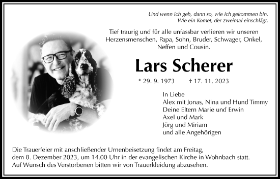 Traueranzeige von Lars Scherer von Wetterauer Zeitung