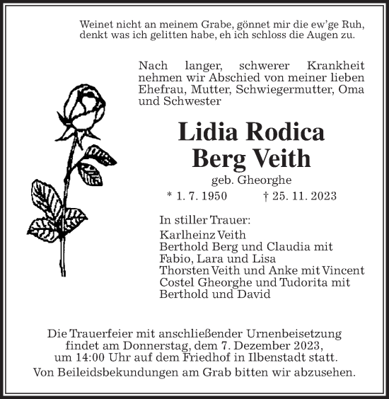 Traueranzeige von Lidia Rodica Berg Veith von Wetterauer Zeitung