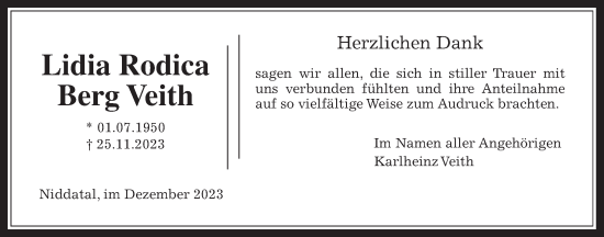 Traueranzeige von Lidia Rodica Berg Veith von Wetterauer Zeitung