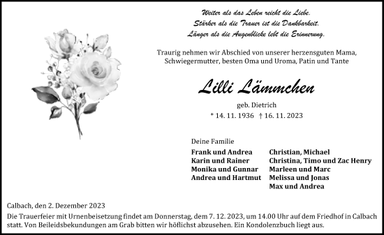 Traueranzeige von Lilli Lämmchen von Kreis-Anzeiger
