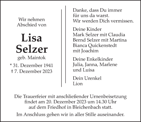 Traueranzeige von Lisa Selzer von Kreis-Anzeiger