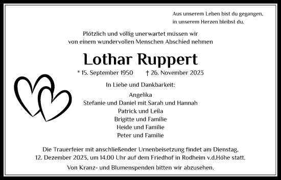 Traueranzeige von Lothar Ruppert von Wetterauer Zeitung