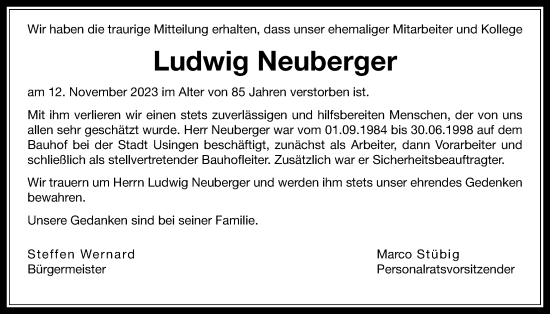 Traueranzeige von Ludwig Neuberger von Usinger Anzeiger