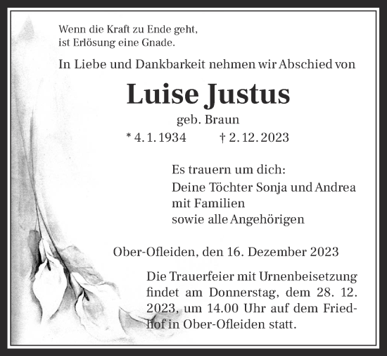 Traueranzeige von Luise Justus von Alsfelder Allgemeine