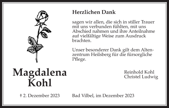 Traueranzeige von Magdalena Kohl von Bad Vilbel/Karben