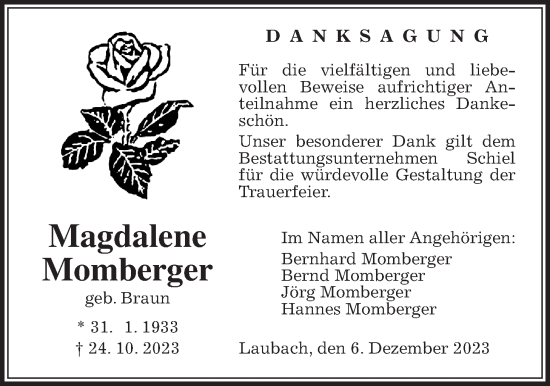 Traueranzeige von Magdalene Momberger von Laubacher Anzeiger