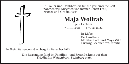 Traueranzeige von Maja Wollrab von Pohlheimer Nachrichten, Giessener Anzeiger