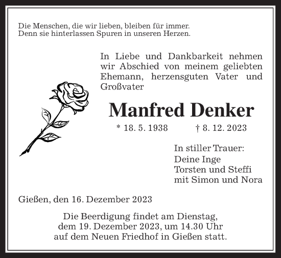 Traueranzeige von Manfred Denker von Giessener Allgemeine, Alsfelder Allgemeine, Giessener Anzeiger