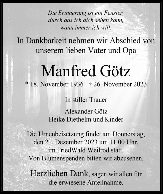 Traueranzeige von Manfred Götz von Usinger Anzeiger