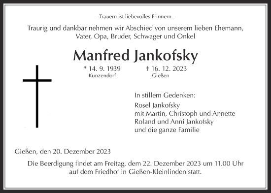 Traueranzeige von Manfred Jankofsky von Giessener Allgemeine, Alsfelder Allgemeine
