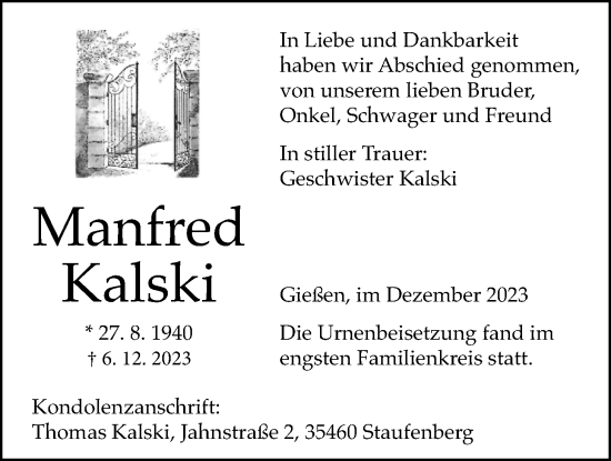 Traueranzeige von Manfred Kalski von Giessener Allgemeine, Alsfelder Allgemeine, Giessener Anzeiger
