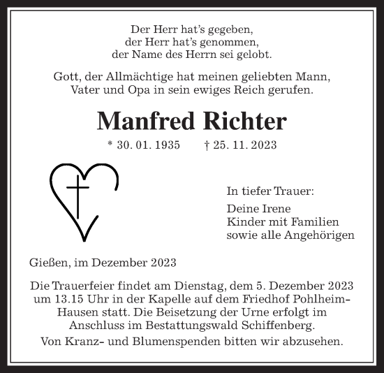Traueranzeige von Manfred Richter von Giessener Allgemeine, Alsfelder Allgemeine
