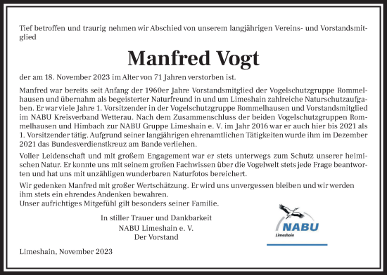 Traueranzeige von Manfred Vogt von Kreis-Anzeiger