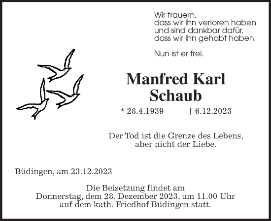 Traueranzeige von Manfred Karl Schaub von Kreis-Anzeiger