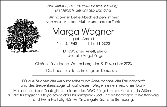 Traueranzeige von Marga Wagner von Giessener Anzeiger, Giessener Allgemeine, Alsfelder Allgemeine