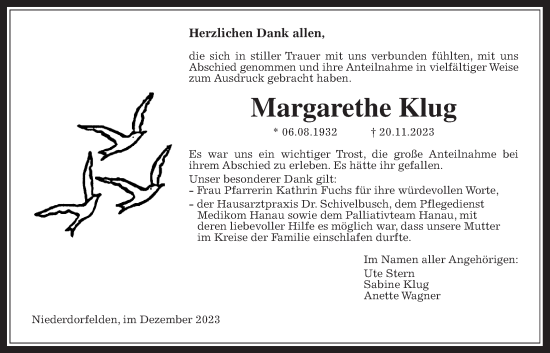 Traueranzeige von Margarethe Klug von Bad Vilbel/Karben