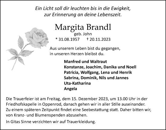 Traueranzeige von Margita Brandl von Giessener Anzeiger, Giessener Allgemeine, Alsfelder Allgemeine