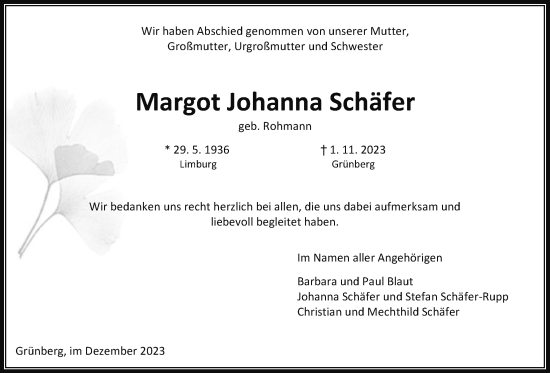 Traueranzeige von Margot Johanna Schäfer von Heimatzeitung Grünberg + Laubach, Giessener Allgemeine, Alsfelder Allgemeine, Giessener Anzeiger
