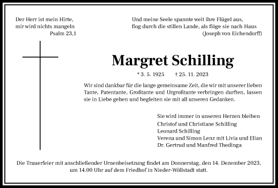 Traueranzeige von Margret Schilling von Wetterauer Zeitung