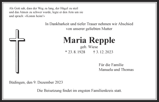 Traueranzeige von Maria Repple von Kreis-Anzeiger