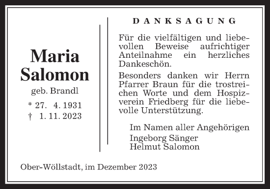 Traueranzeige von Maria Salomon von Wetterauer Zeitung