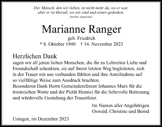 Traueranzeige von Marianne Ranger von Usinger Anzeiger