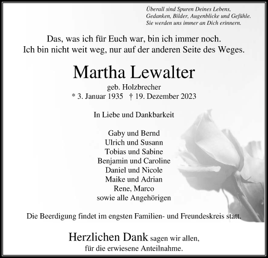 Traueranzeige von Martha Lewalter von Usinger Anzeiger