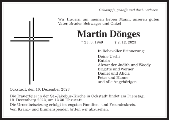 Traueranzeige von Martin Dönges von Wetterauer Zeitung