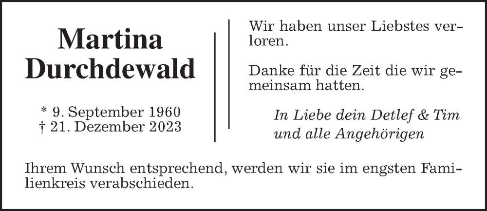  Traueranzeige für Martina Durchdewald vom 30.12.2023 aus Wetterauer Zeitung