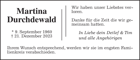 Traueranzeige von Martina Durchdewald von Wetterauer Zeitung